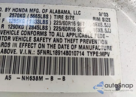 2004 Honda Odyssey Ex-L z USA, uszkodzony, nr VIN 5FNRL18914B010714